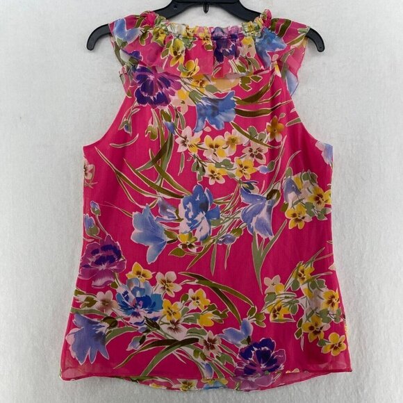 Spense Blouse Women's Sz L Pink Floral Ruffle Pleated Round Neck Regular Fit - Picture 2 of 12